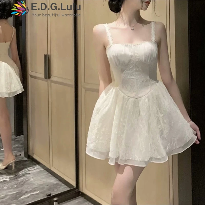 

EDGLuLu Сексуальное Белое Кружевное платье с квадратным вырезом и вышивкой для женщин 2024 элегантное мини-платье на день рождения с открытой спиной 0620