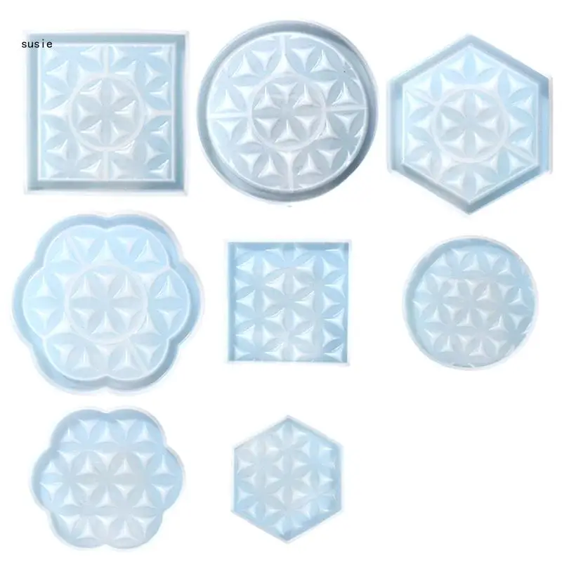 

X7YA 8Pcs Diy Crystal Epoxy Round Lace Hexagonal Square Mirror Silicone Mold