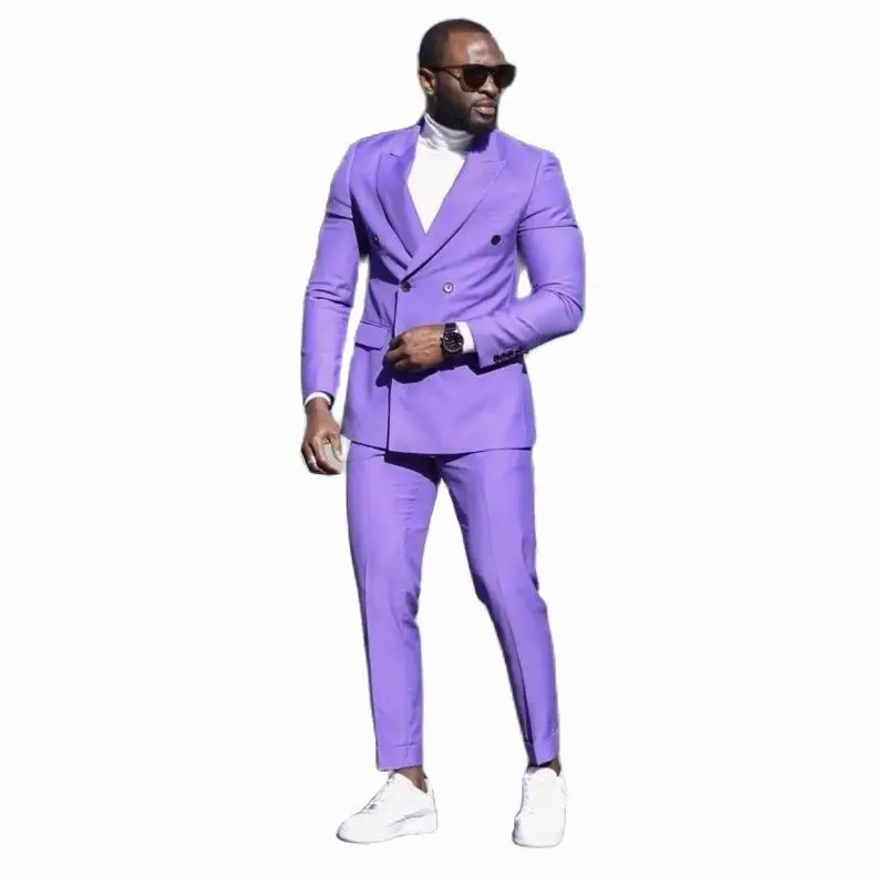 Vêtements de marié de mariage à double boutonnage personnalisés pour hommes, coupe couvertes, violet imbibé, pantalon blazer décontracté, dernier ensemble, été, 2 pièces, 03 1