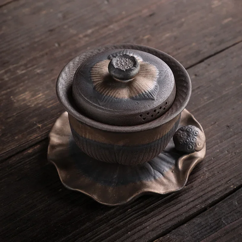 Large Earthenware Sancai Gai Wan Cha Cup Kung Fu Tea Manual Vintage Tea Bowl Coarse Pottery Set Gaiwan Sopera De Ceramica