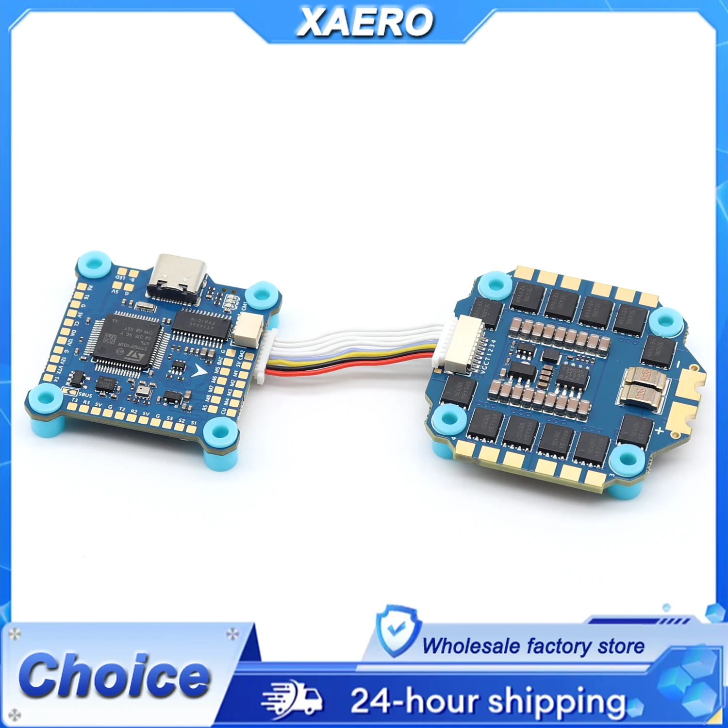 Combo F405 V2 et ESC AM32 70A 4-en-1 monté sur un drone FPV, connecté à un moteur brushless.