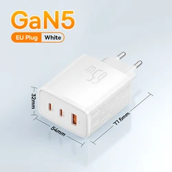 Baseus 65W GaN Portable Fast Charger - Type C USB with PD & QC Support - White EU Plug