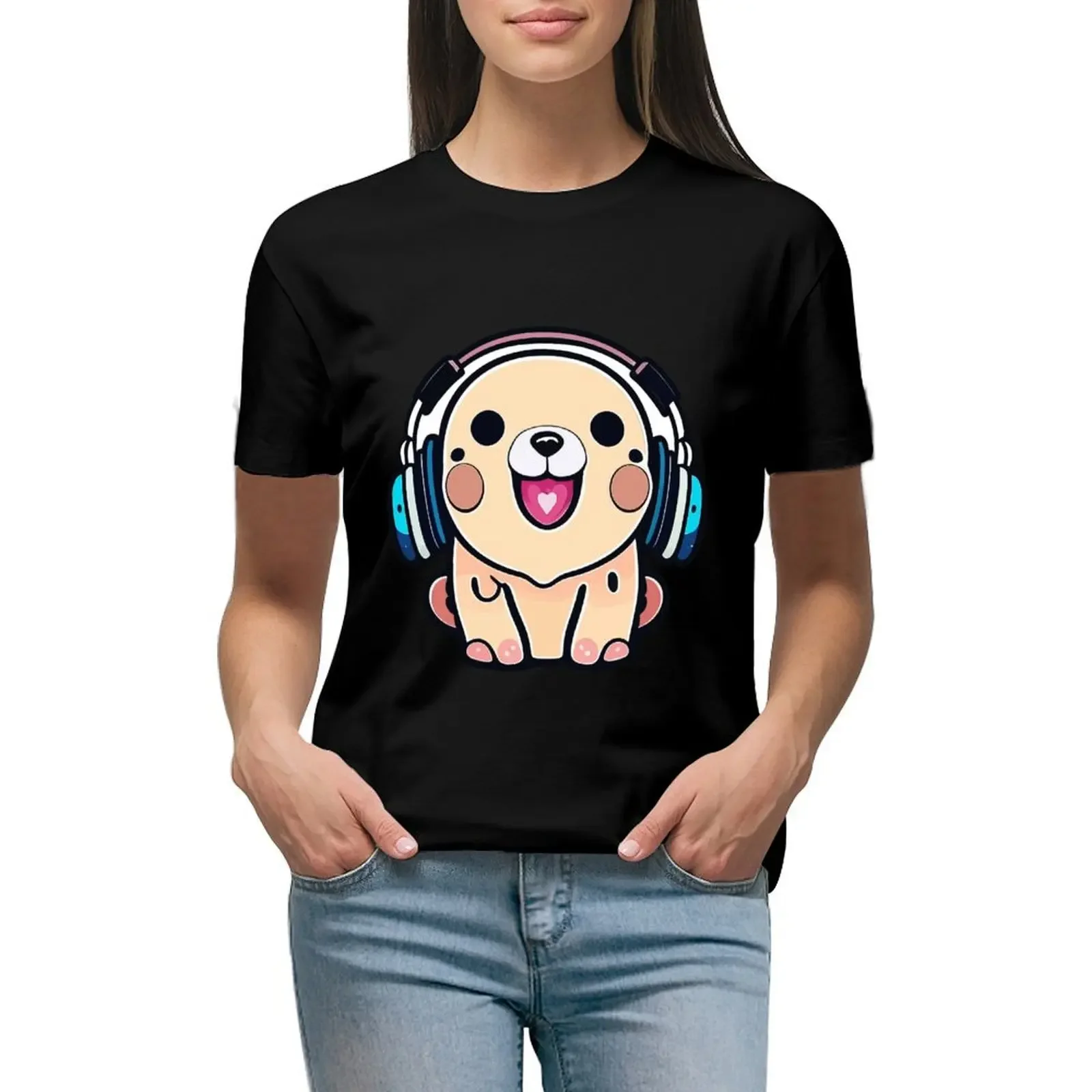 

Cute Kawaii dog with headphones T-shirt oversized Blouse Womens clothing