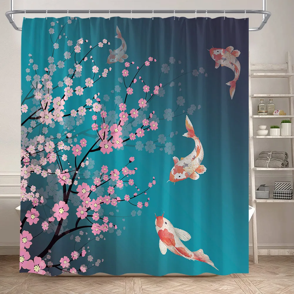 Pink Cherry Blossom Shower Curtain Butterfly Sea Wave Koi Fish Floral Japanese Style Landscape Bathroom Curtains Set Home Decor