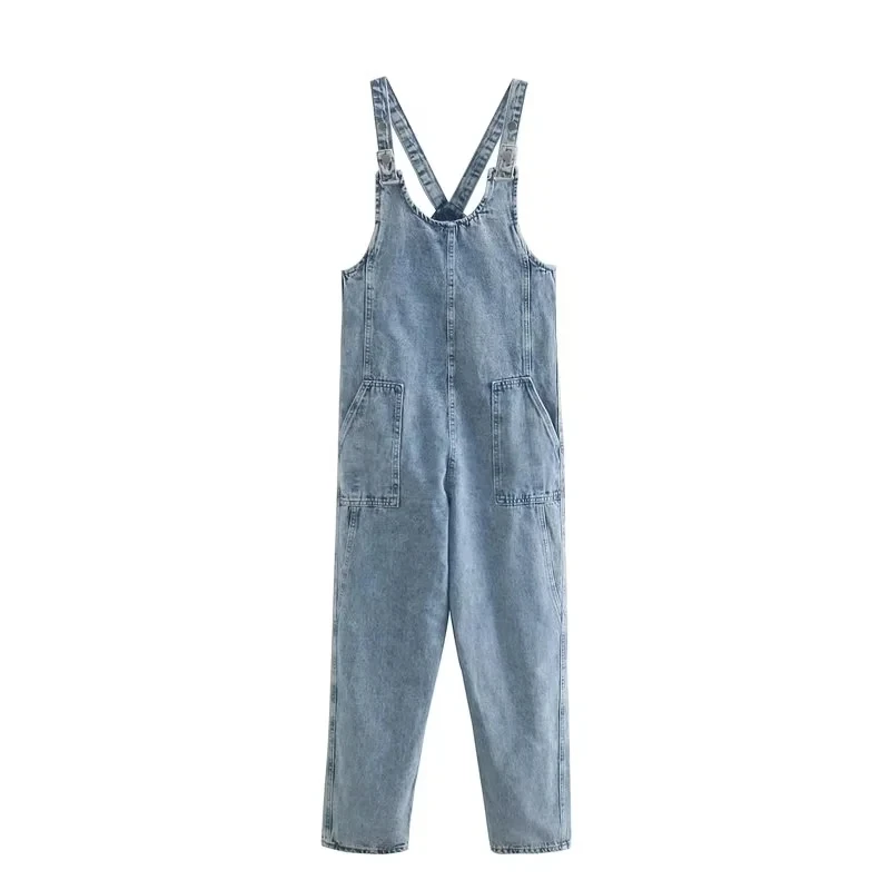  - TRAFZA Women's Fashion Ripped Loose Pocket Slim Blue Suspenders Trousers Female Jean 2023 Blue Denim Overalls Jumpsuits