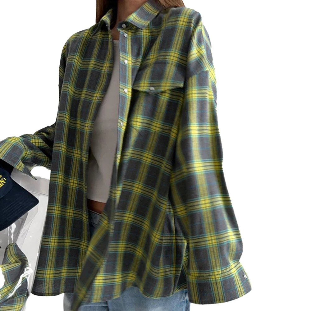 Women's Autumn Vintage Oversized Plaid Lapel Shirt Long Sleeve Pocket Loose Blouse Jacket Tops Versatile Casual Ladies Shirt