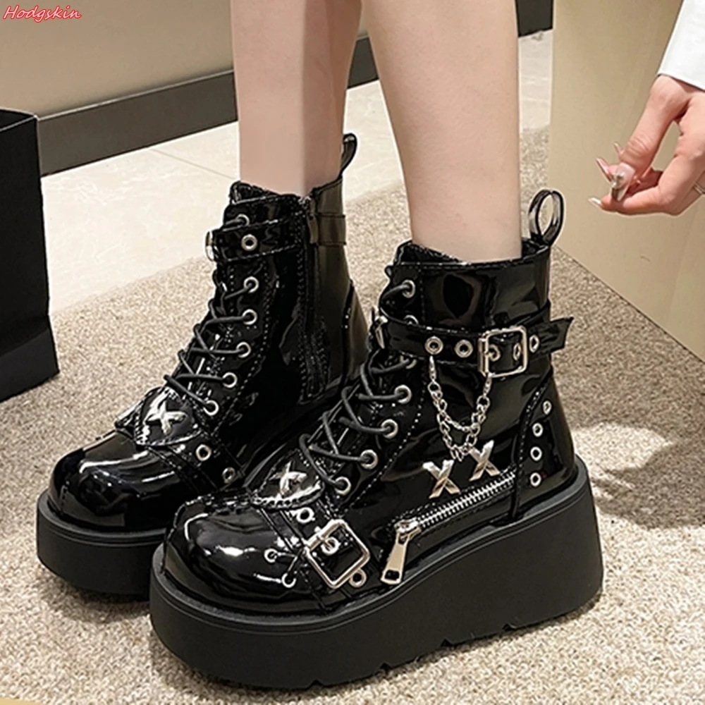 Black Thick Sole Metal Chain Women Short Boots Round Toe Side Zipper Flats Shoes Punk All-match Height Increasing Ankle Boots