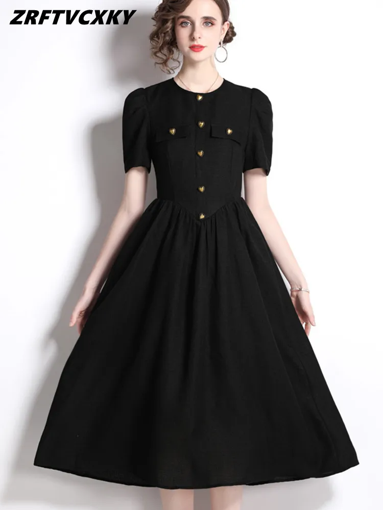 

ZRFTVCXKY Hepburn Vintage Black Dresses Summer New Women's Puff Sleeve Designer Button Decor High Waist Simple Long Dress