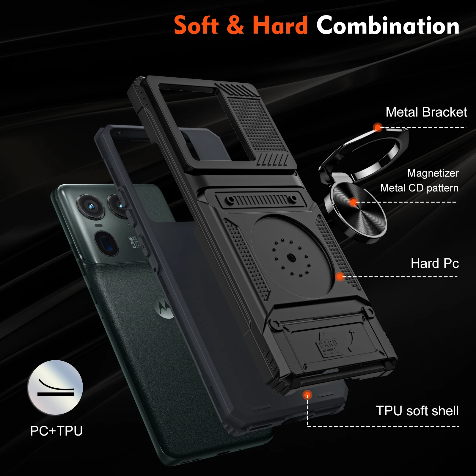 Shockproof Heavy Armor Phone Case with Metal Ring Holder and Hidden Card Slot