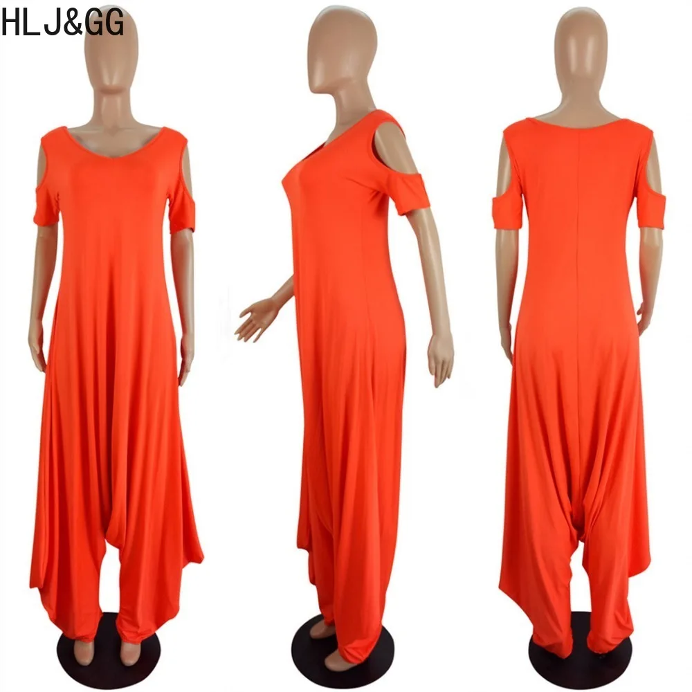 HLJ&GG Fashion Loose Street Style Women Off Shoulder Short Sleeve Harem Pant Playsuits Casual Female Solid Streetwear Overalls
