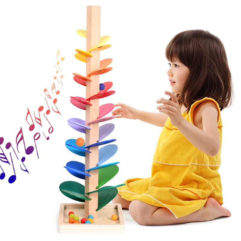 Montessori Rainbow Building Blocks Educational Toys Wooden Tree Petal Ball Running Track Building Blocks Early Education