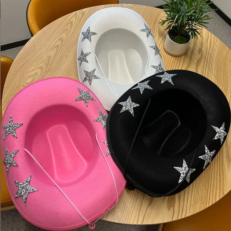 Women Diamond Star Cowboy Hat Pentagram Rhinestone Tassel White Bridal Party Wifey Wedding Hats Fashion Hat Cosplay Dress Up