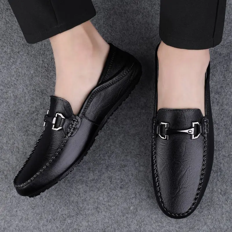 Flat Moccasin Square Toe Men's Leather Shoes Dress Business Formal Male Casual Shoe Loafers Soft Elegant Designer