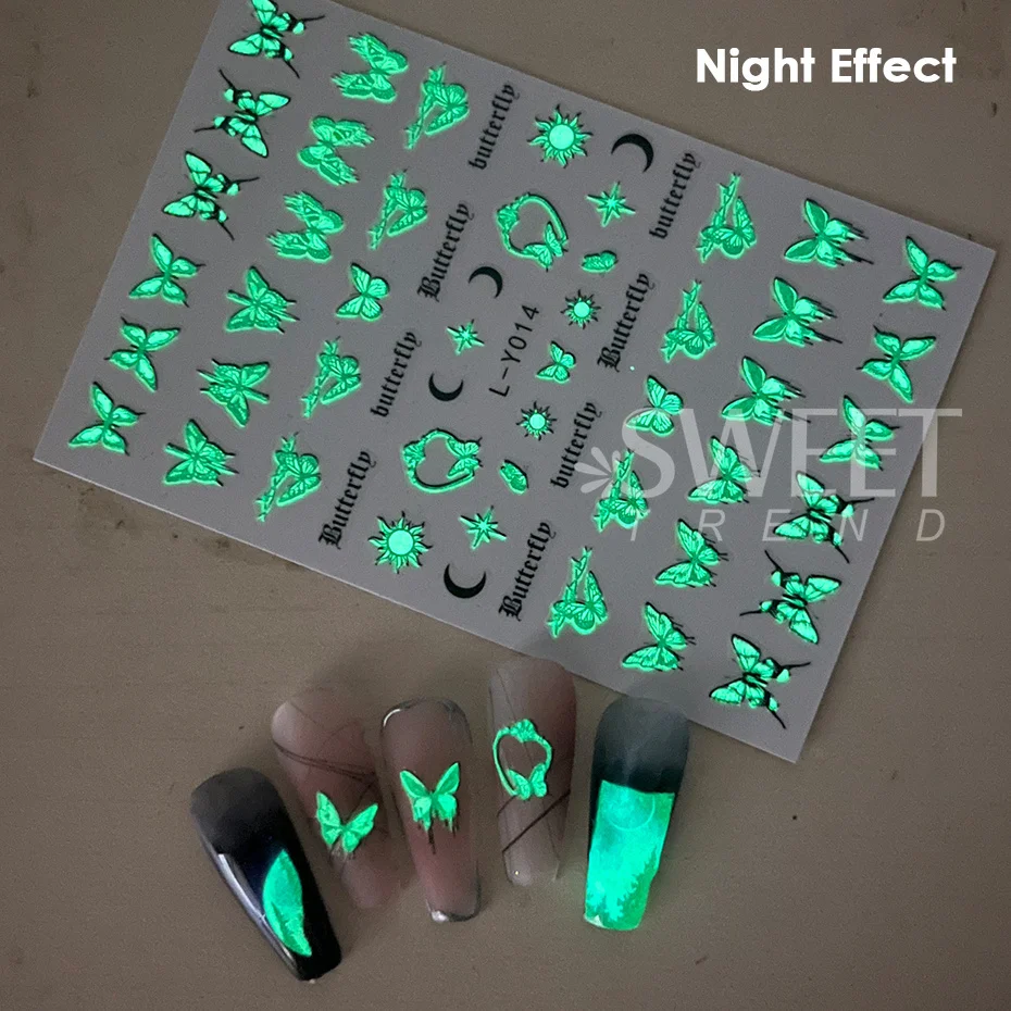 3pcs Luminous Butterfly Nail Decal Stickers Colorful Blue Butterfly Series Design Glow In The Dark Night Polish Sliders Manicure