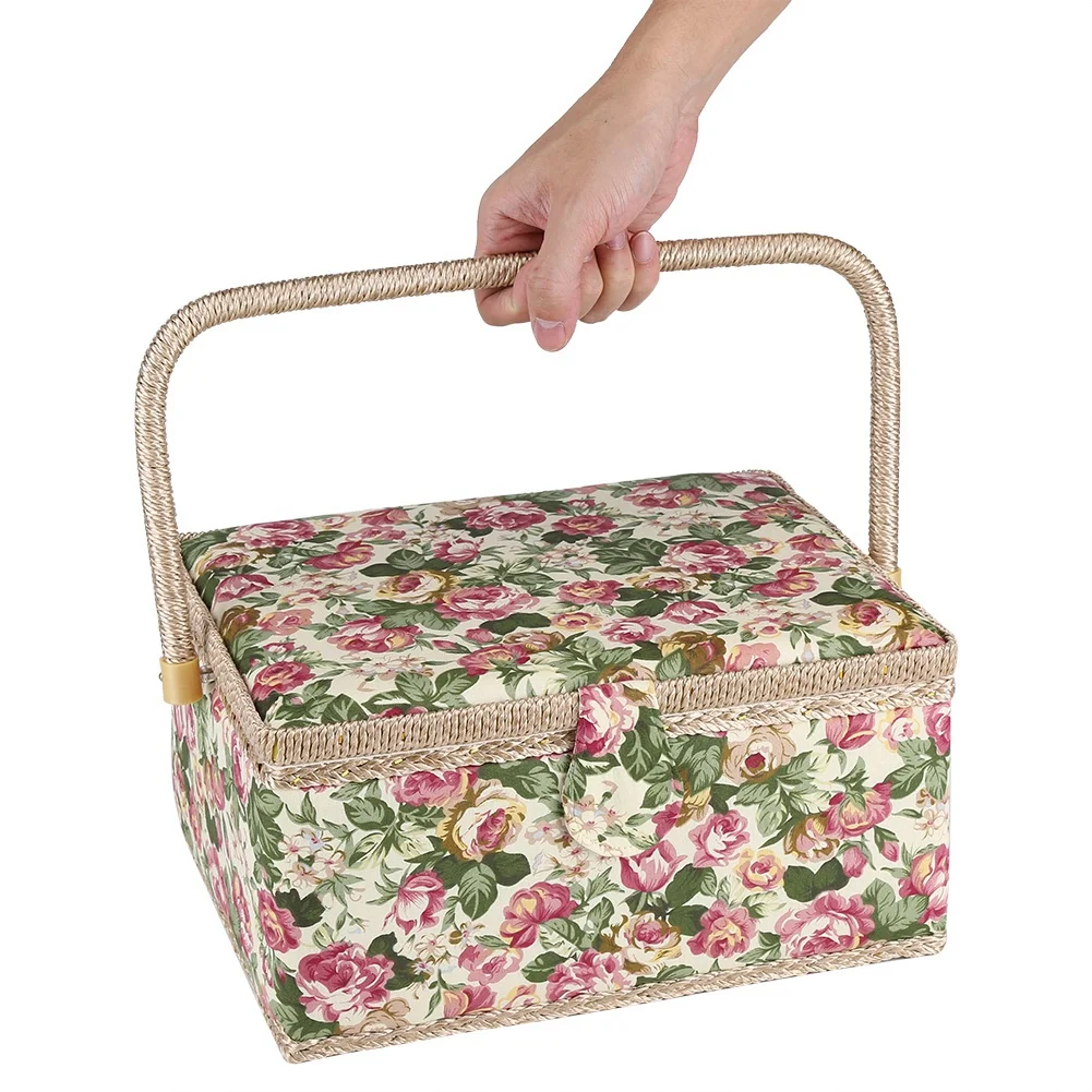 Craft Box Storage Box Fabric Floral Printed Sewing Basket Craft Household Sundry Storage Organizer with Handle Sewing