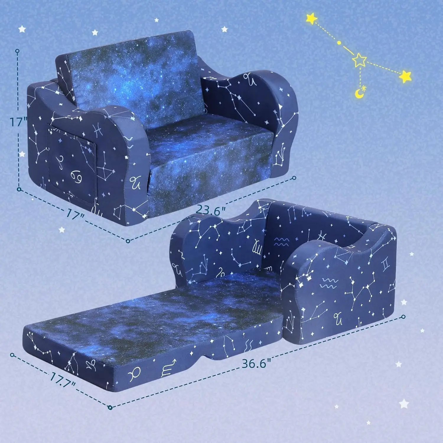 Constellation Kids Sofa, 2-in-1 Kids Couch Fold Out, Convertible Sofa to Bed for Girls and Boys 3