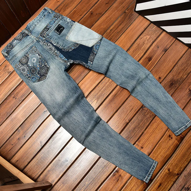 Vintage Jeans Men's Slim Fit Skinny Pants Ripped Print Contrast Color Elastic Trend Design Street Cool Men's Pants Long