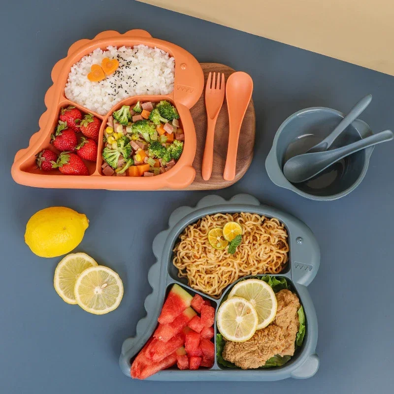 1set Baby Bowls Plates Spoons Forks Food Tableware Set Kid Dishes Dinosaur Food Feeding Bowl for Child Dinnerware Set Cute Plate