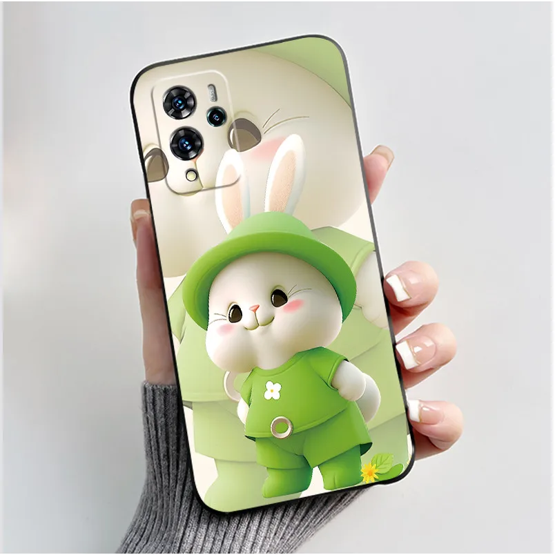 Aesthetic Pattern Black Silicone Phone Case - Love, Goldfish, & Rabbit Design, Shockproof Protection