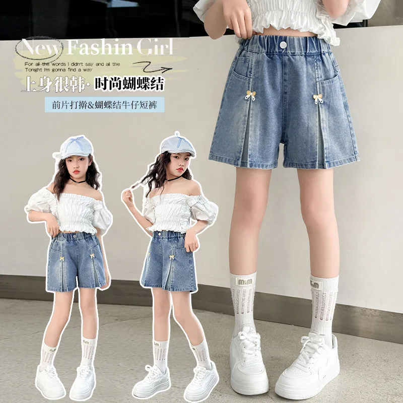 새로운 패션 여름 소녀 반바지 청바지 활 장식 데님 바지 4-14 세 십대 어린이 어린이 야외 짧은 바지