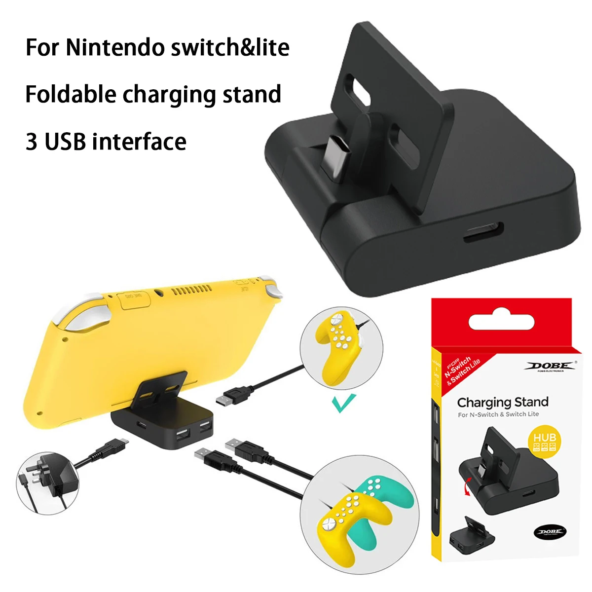Nintendo 스위치 라이트 충전 스탠드(허브 2-in-1 충전 스테이션 스위치 충전 베이스 포함 USB 접이식 충전 도크 3개 포함)