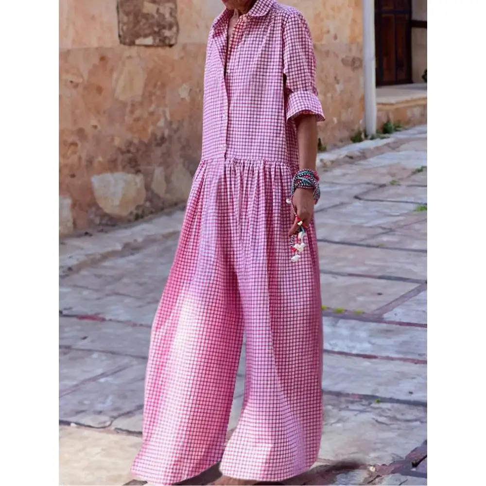 Long Sleeve Buttons Jumpsuit 2024 Women's Full Body Jumpsuit Spring/Summer Clothing Loose Fit Plaid Casual Swimsuit Pants