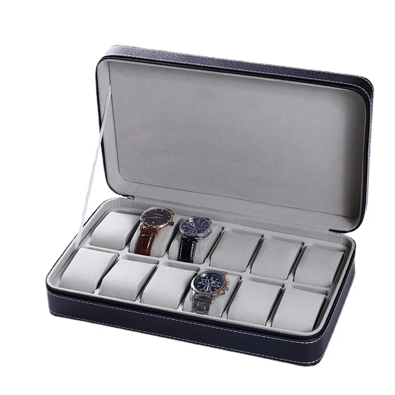 

6/10/12 Girds Watch Box Organizer Black Leather Watch Case Storage Box with Zipper Travel Exhibition Watch Holder