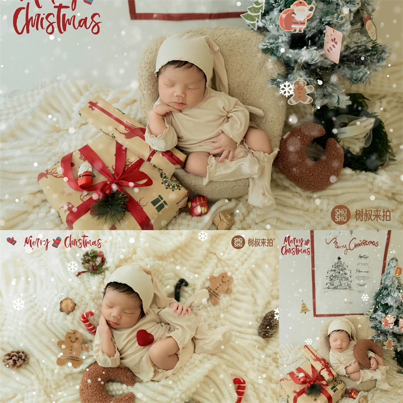 Dvotinst Newborn Baby Photography Props Christmas Theme Set Outfit Trees Background Blanket Decorations Studio Shoot Photo Props