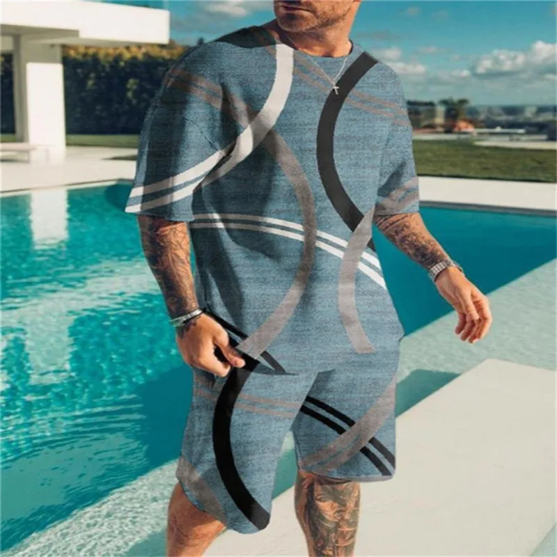 2023 Spring/Summer New Men's Fashion Casual Short Sleeve Set with Geometric Pattern 3D Digital Print Street Two Piece Set