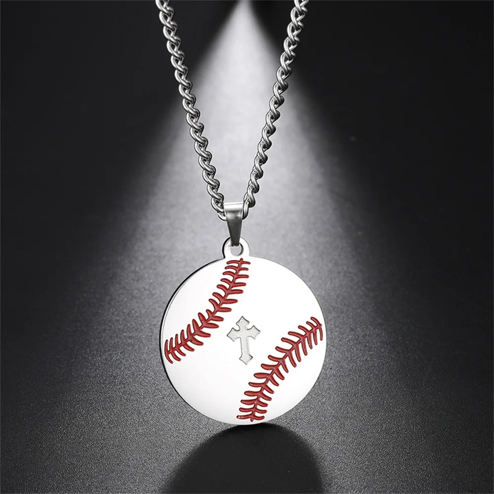 EUEAVAN Fashion Baseball Cross Bible Round Pendant Necklace for Woman Man Stainless Steel Clavicle Chain Sport Casual Jewelry