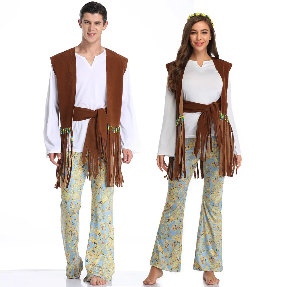 

Couple Cosplay Indian Tassels Costumes Women Male Peace Love 60s 70s Hippie Vintage Dress Up Disguise Halloween Party Clothing