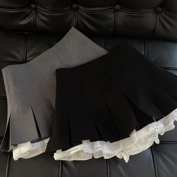 Y2K Ruffles Black Mini Skirt Women Korean Patchwork Pleated Skirts Japanese Kawaii High Waist All Match A Line Skirt New 1