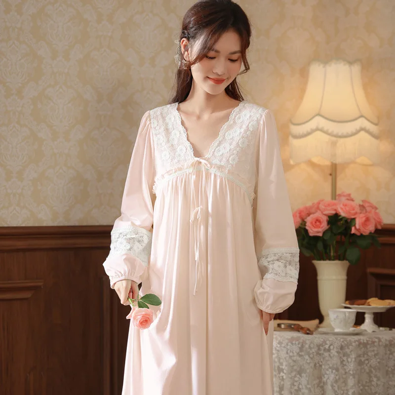 Vintage Spring Autumn Cotton Nightgown Women Lace V Neck