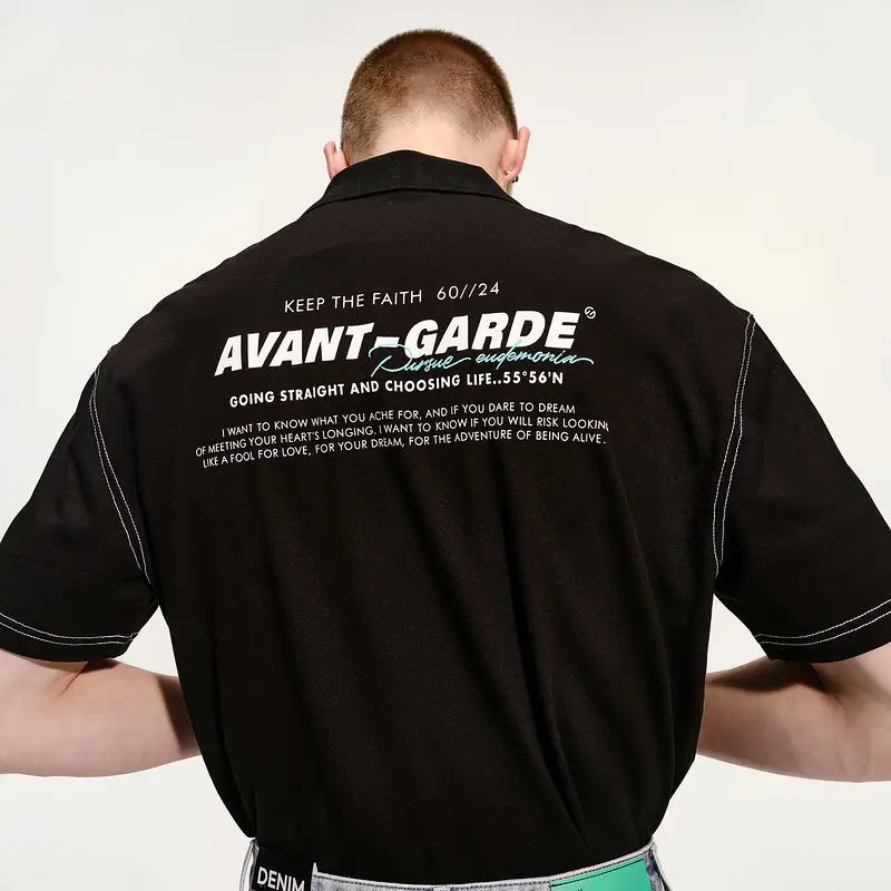 

Футболка мужская с вышивкой алфавита, рубашка поло с воротником, черный цвет, Оригинальная одежда