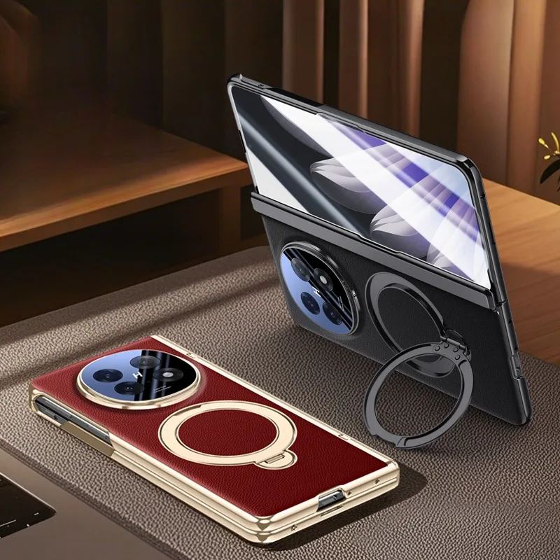 Luxury Leather Folding Case with Magnetic Rotating Ring Holder & Privacy Glass