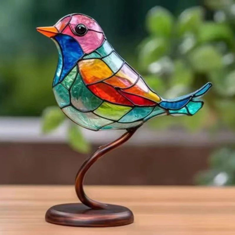 Stained Glass Birds On Branch Desktop Ornaments,Double Sided Multicolor Style Birds Colors Ornaments 4