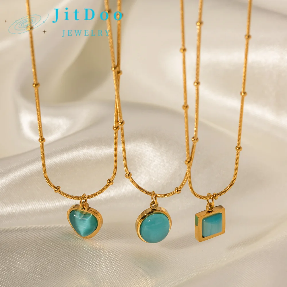 

JitDoo New 18k Gold Plated Stainless Steel Blue Cat's Eye Cabochon Square Necklace for Women Niche Design High Sense of Luxury