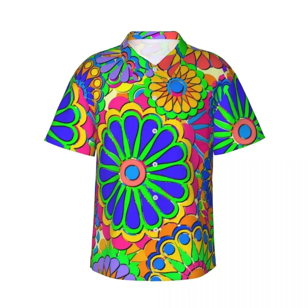 Hippie Style Vacation Shirt Man Colorful Flower Power Casual Shirts Hawaiian Short-Sleeve Classic Oversize Blouses Birthday Gift