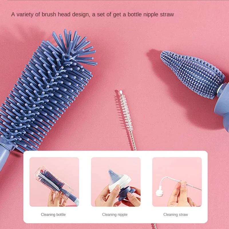 3 In 1 Pacifier Bottle Brush Set Baby Silicone Cup Nipple Cleaning Brushes