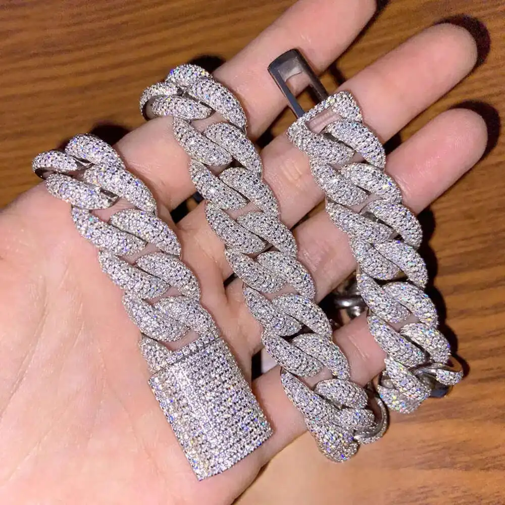 

18mm Custom Pass Diamond Tester Hip Hop Vvs Moissanite Cuban Link 18mm Iced Out 3 Rows Moissanie Stone Miami Cuban Chain