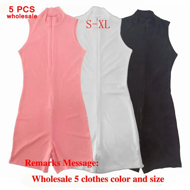 Pack Of 5PCS Wholesale Lots Rompers Womens Ribbed Knitted Slim Zipper Short Jumpsuits Sleeveless Bodysuits Y2k Clothing Qtraf Z8