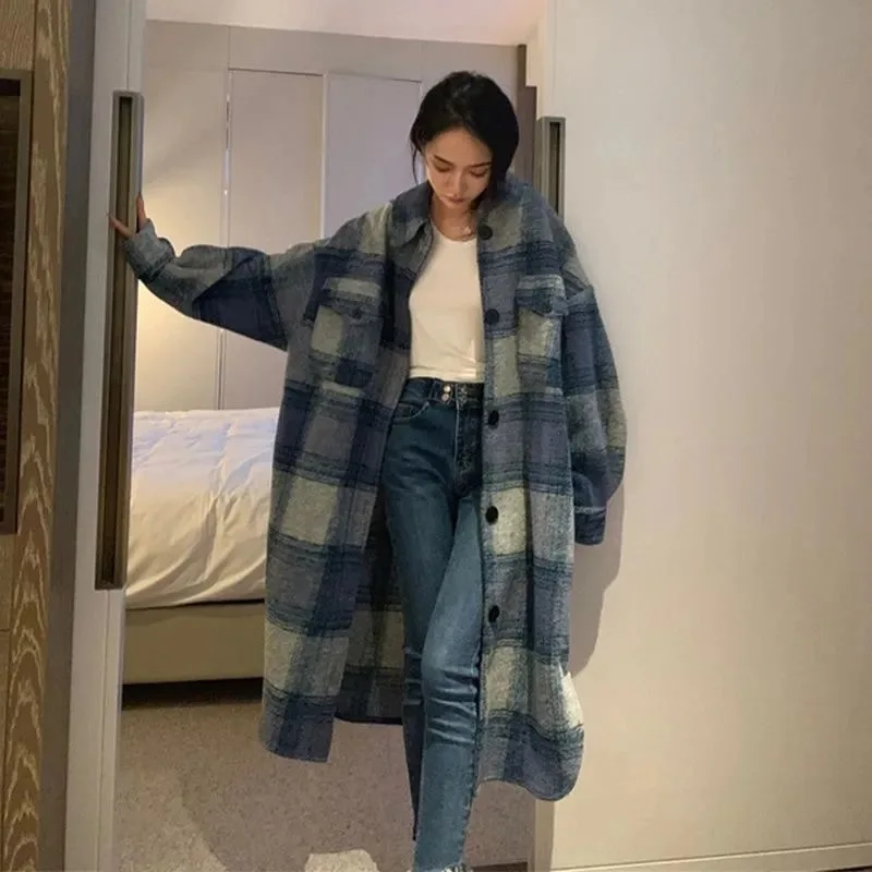 여성용 롱 격자 무늬 셔츠 코트, 오버사이즈 체크 무늬 셔츠, 빈티지 루즈 싱글 브레스티드 롱 가디건, 여성 패션, 가을