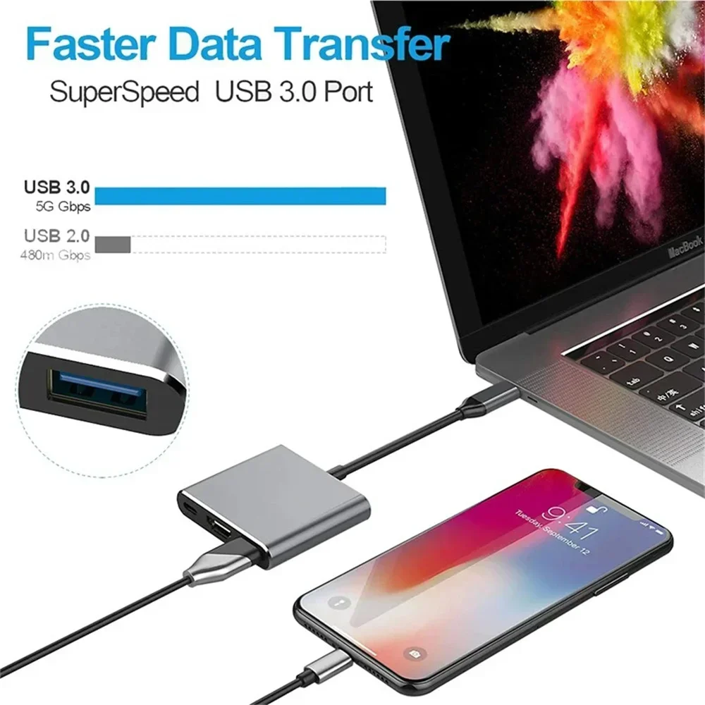 USB C Hub 3 in 1 Type C Adapter with 4K HDMI VGA USB 3.0 PD Fast Charge Splitter for MacBook Laptop Computer