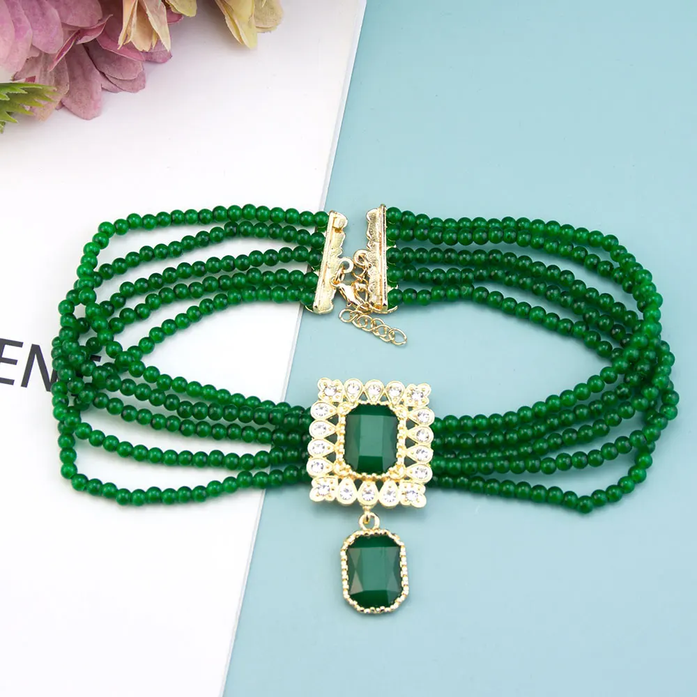 Neovisson Shining Morocco Square Crystal Necklace Pendant Beads Chain Arabic Bride Wedding Jewelry Gold Color Romantic Gift