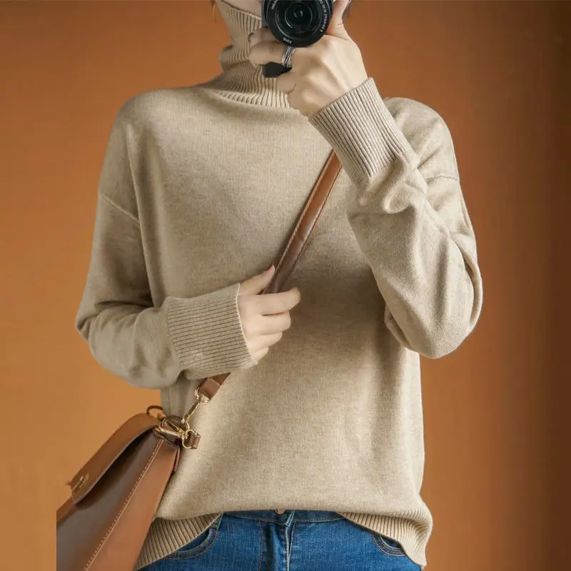 

AutumnWinter New Simple Solid Color Lazy Style High Neck Pullover Sweater Women's Loose Fashion Foundation Knitwear Top