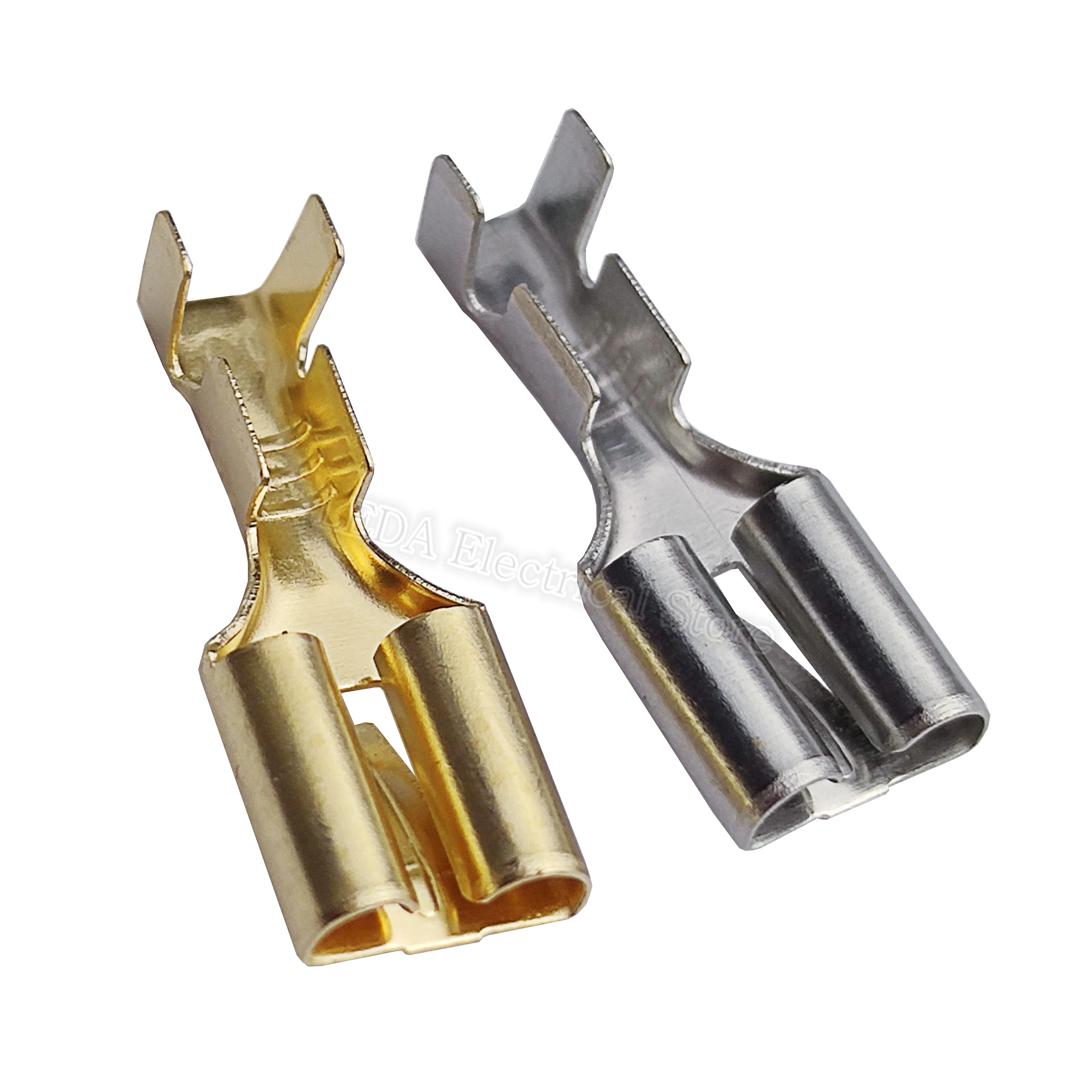 DJ623-E6.3B Type 250 Cold Pressed Brass Golden/Silvery 6.3mm Spring Flat Plate Barbed Plug Terminal Connector
