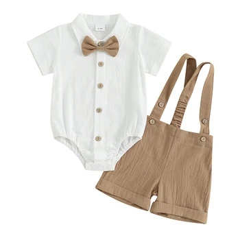 Infant Baby Boy Summer Outfit Gentleman Short Sleeve Romper Dress Shirt Suspender Shorts 2Pcs Suit Clothes Set 1