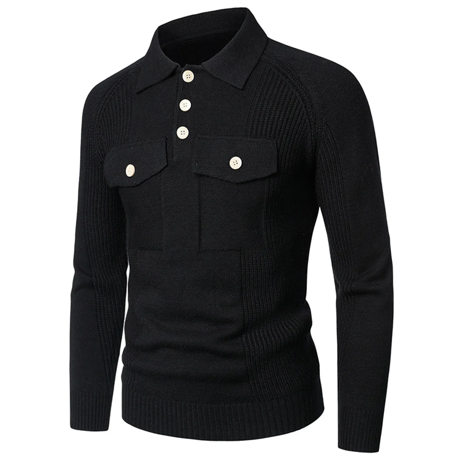 

Men‘S Knitted Pullover Tops Autumn And Winter Fashion Turn-Down-Collar Sweater Slim Fit Long-Sleeve Button Henry Collar Shirt