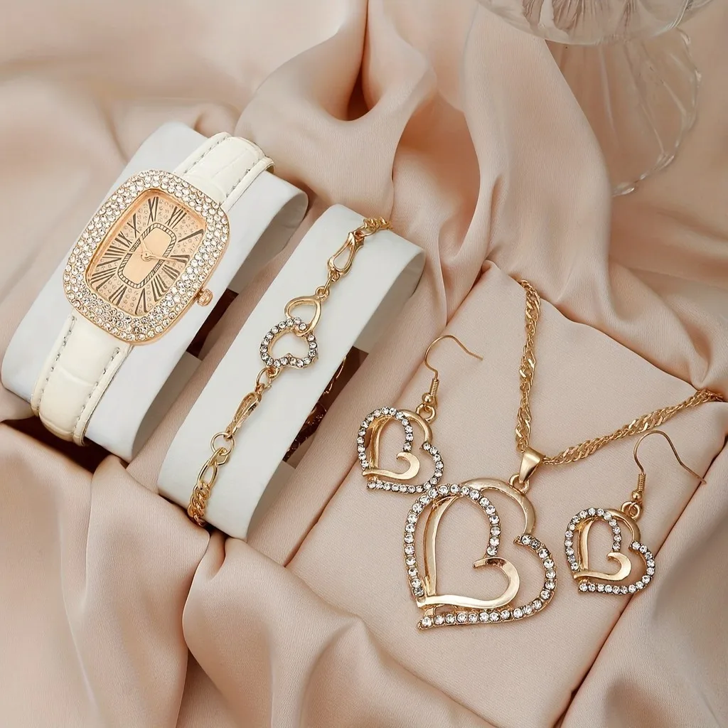 

Kegllect 5PCS Women Watch Luxury Rhinestone Pointer Quartz Watch & Heart Jewelry Set