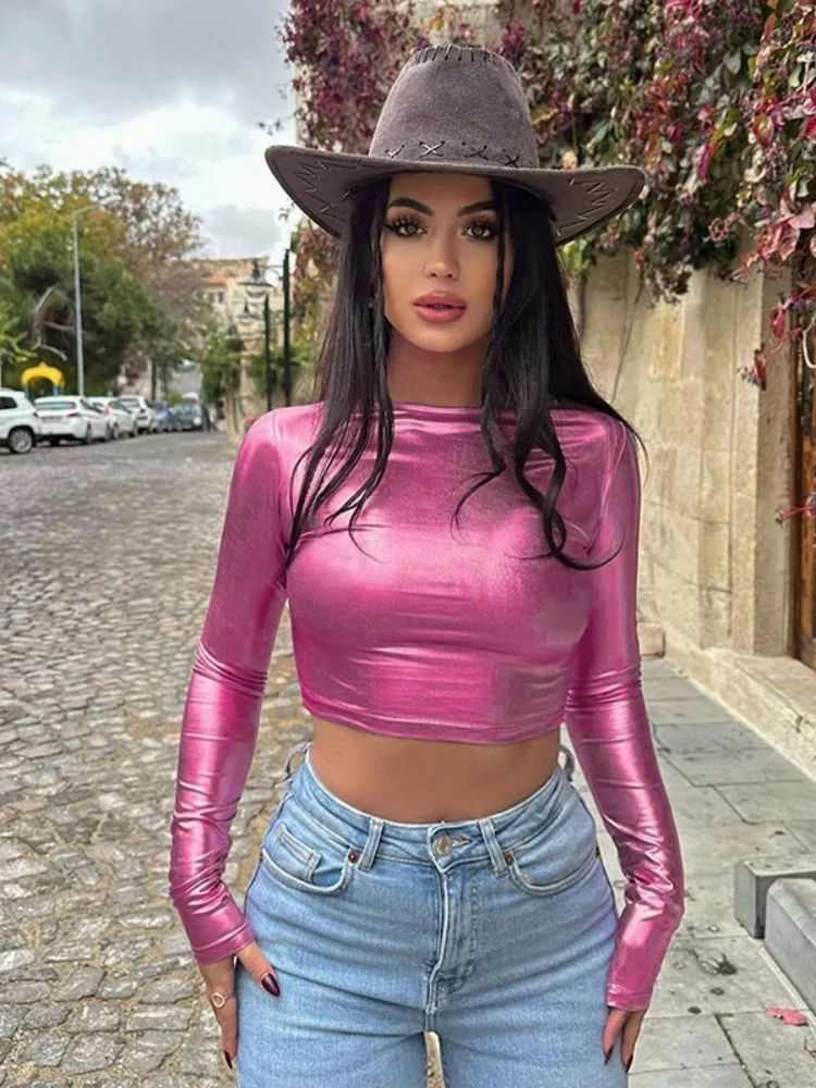 

Bright Silk Solid O-Neck Short Y2k Top For Women Clothing Long Sleeve Aesthetic T Shirts Slim Roupas Femininas Estilosas Autumn